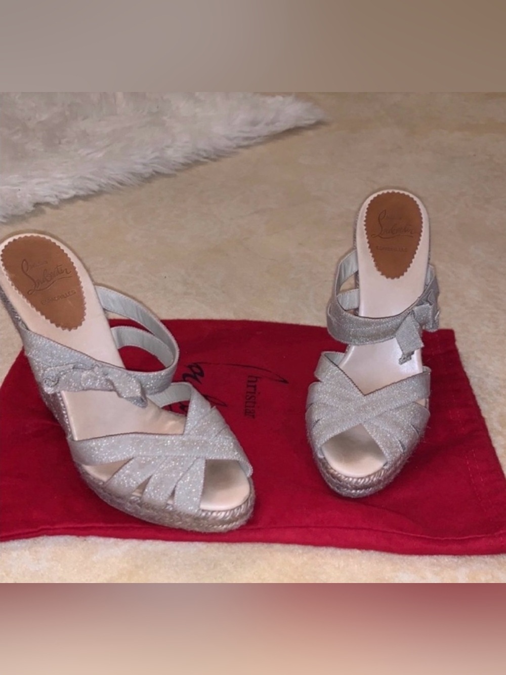 Christian Louboutin Glitter Silver Espadrille Wedge Sandals with Ankle Bow